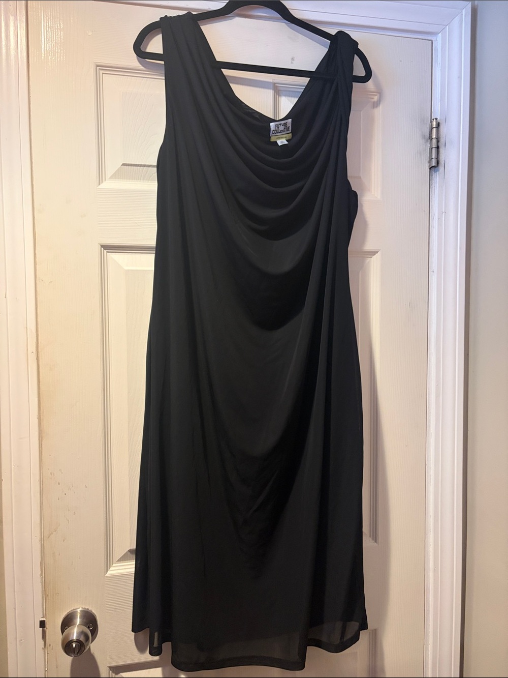 Sleeveless Sheer Draped Cowl Midi Dress in Black 3X